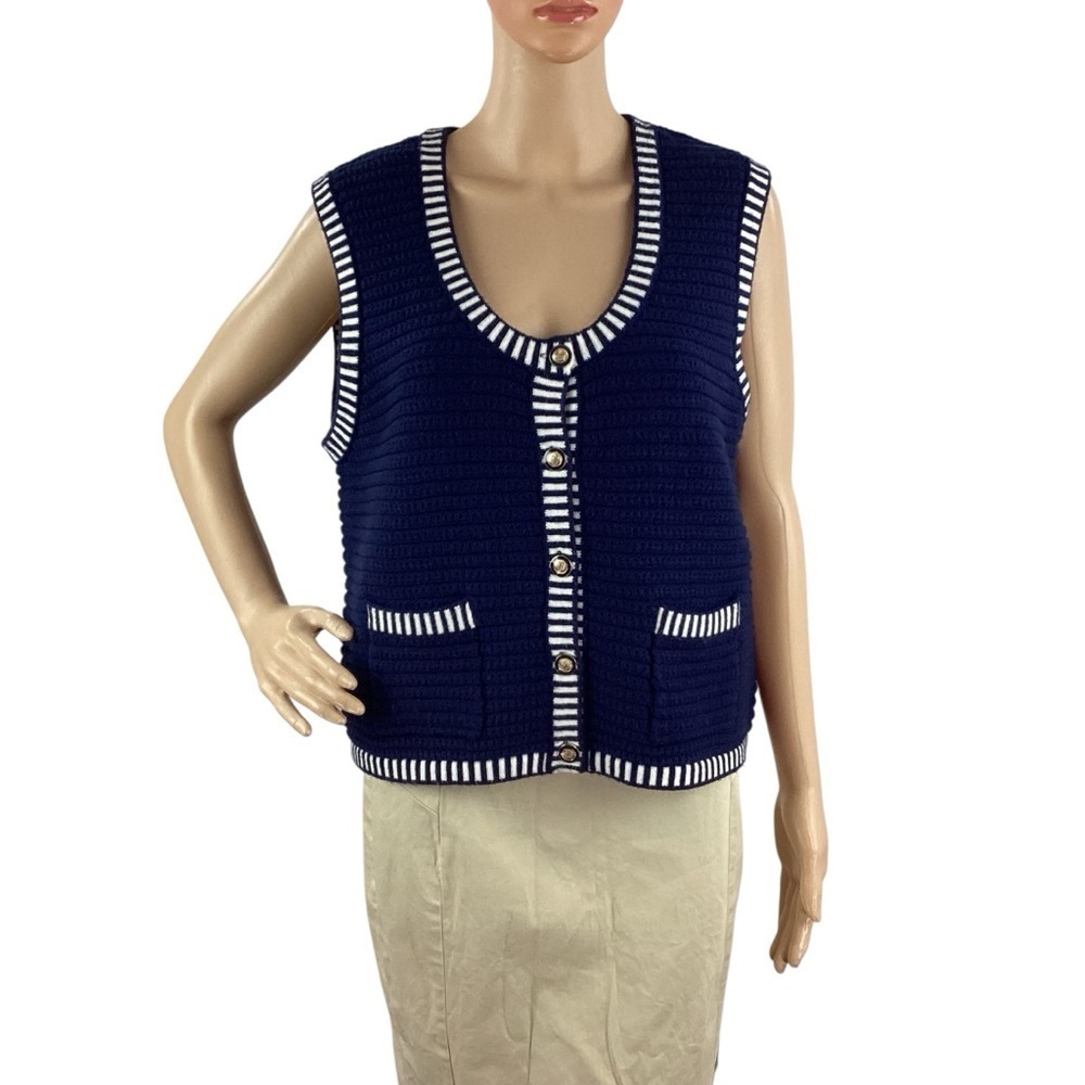 Joie Striped Textured Knit Sweater Vest Navy White Size L